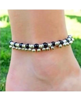 Black glass beads with brass silver tone hanging anklet